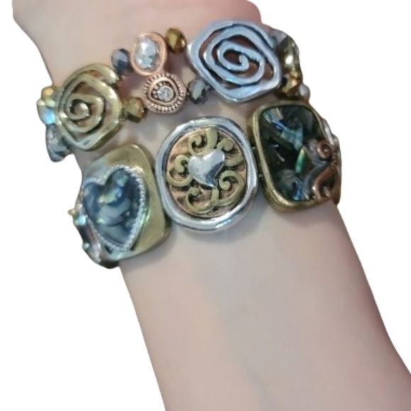 Vintage bracelets 2 copper tone metal abalone stretchy art noveau - Picture 6 of 14